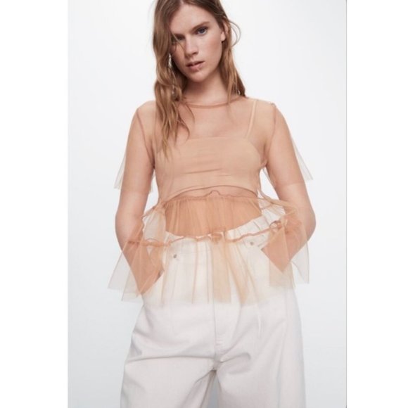 Zara Tops - ZARA Nude Tulle Peplum Top Semi Sheer NWT Small